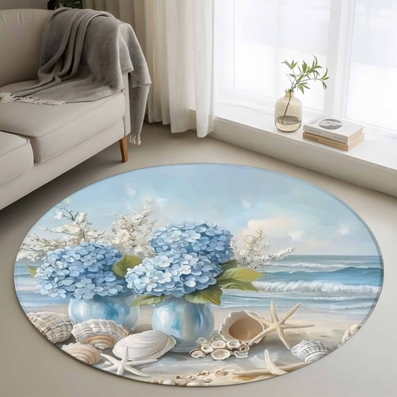 Round Rug 3ft Area Rug, Coastal Sea Waves Hydrangea Scenery Area Rugs for Living Room Bedroom, Blue Flowers Shells Floor Mat Non-Slip Non-Shedding Carpet Indoor Accent Rugs