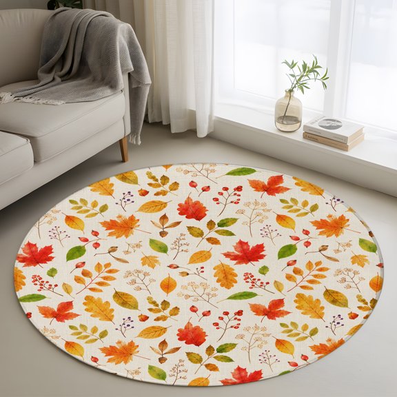 Round Rug 3ft Area Rug, Country Fall Maple Leaf Area Rugs for Living Room Bedroom, Vintage Farmhouse Leaves Floor Mat Non-Slip Non-Shedding Carpet Indoor Accent Rugs