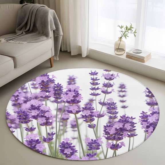 Round Rug 3ft Area Rug,Country Purple Lavender Flowers Area Rugs for Living Room Bedroom,Country Floral Blooming Floor Mat Non-Slip Non-Shedding Carpet Indoor Accent Rugs