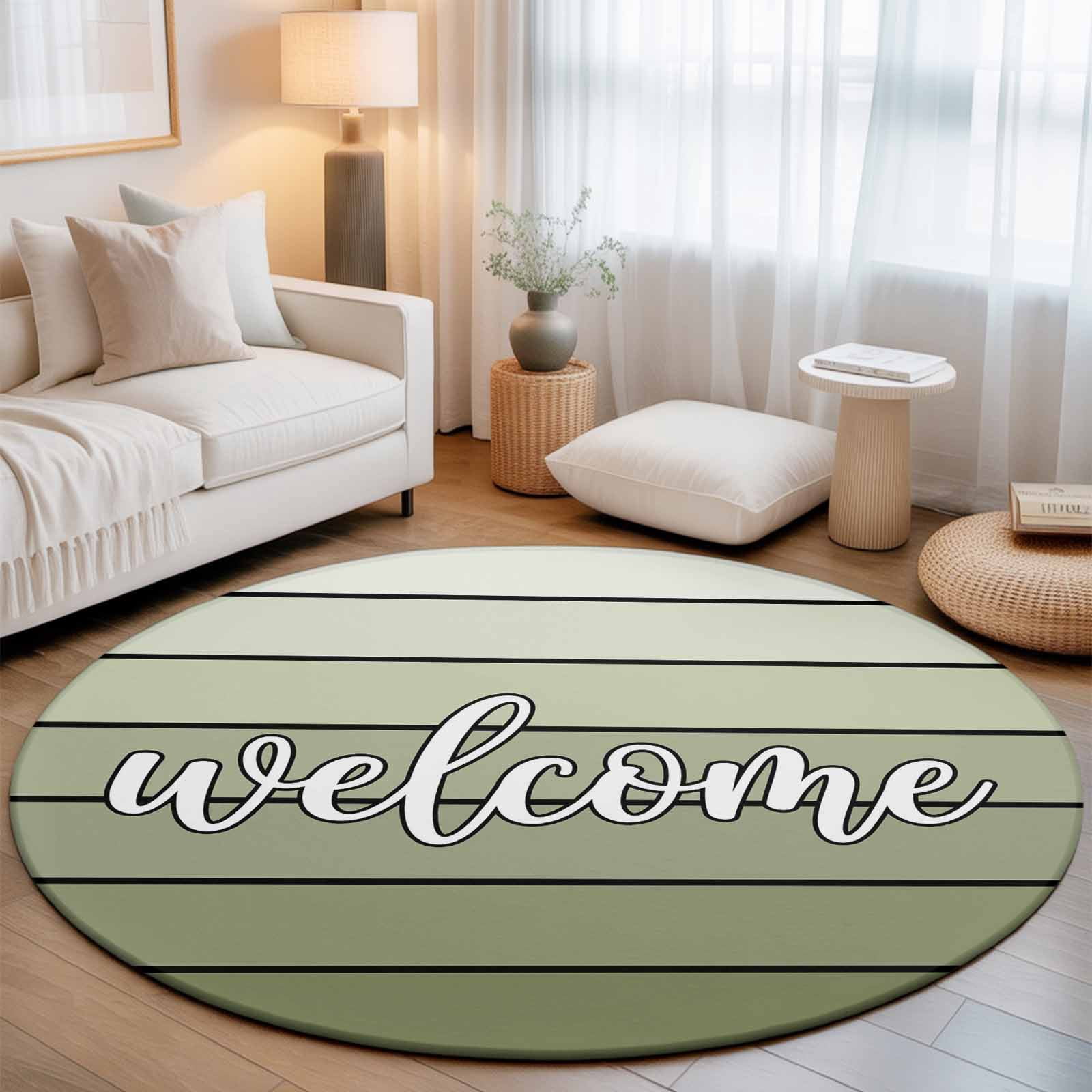 Round Rug 3ft Area Rug, Country Welcome Quote Wood Board Area Rugs for Living Room Bedroom, Farmhouse Sage Green Wooden Floor Mat Non-Slip Non-Shedding Carpet Indoor Accent Rugs