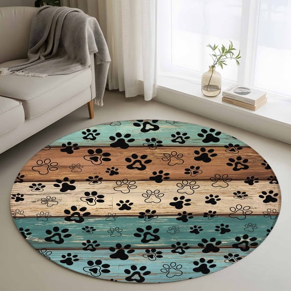 Round Rug 3ft Area Rug,Dog Paw Farm Brown Wood Board Area Rugs for Living Room Bedroom,Animal Footprint Retro Wooden Floor Mat Non-Slip Non-Shedding Carpet Indoor Accent Rugs