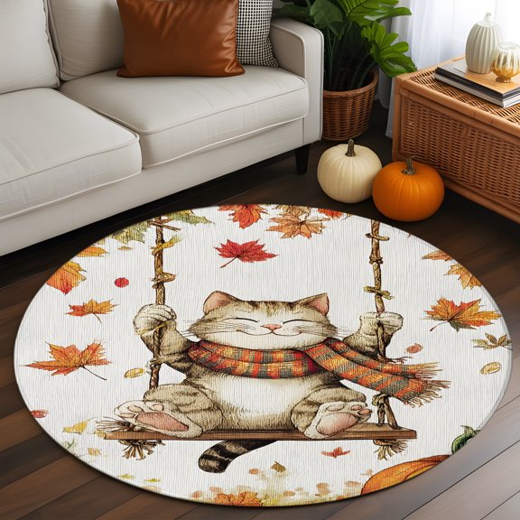Round Rug 3ft Area Rug, Fall Cartoon Cat Orange Style Area Rugs for Living Room Bedroom, Thanksgiving Pumpkin Maple Leaf Floor Mat Non-Slip Non-Shedding Carpet Indoor Accent Rugs