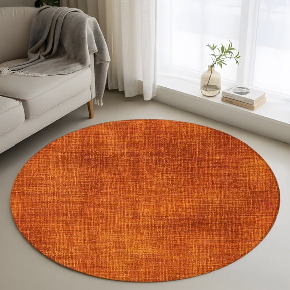 Round Rug 3ft Area Rug, Fall Orange Linen Texture Area Rugs for Living Room Bedroom, Autumn Vintage Solid Color Floor Mat Non-Slip Non-Shedding Carpet Indoor Accent Rugs