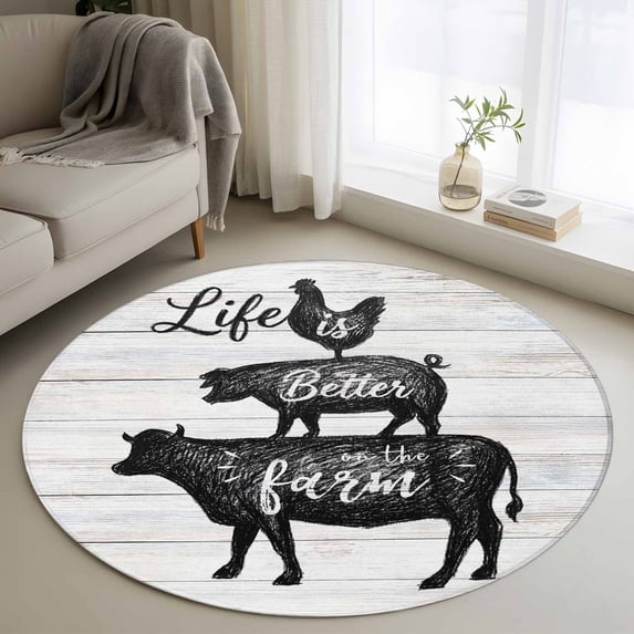 Round Rug 3ft Area Rug, Farm Animal Silhouette Wood Grain Area Rugs for Living Room Bedroom, Cow Pig Chicken Better Life Floor Mat Non-Slip Non-Shedding Carpet Indoor Accent Rugs