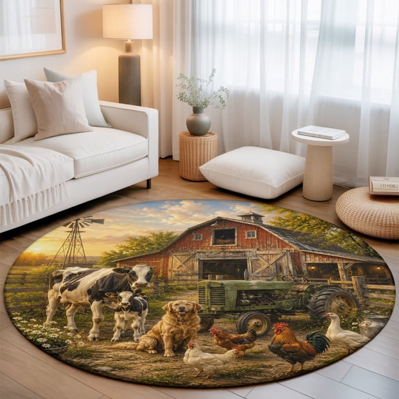 Round Rug 3ft Area Rug, Farm Animals Cow Dog Rooster Duck Area Rugs for Living Room Bedroom, Red Barn Green Tractor Floor Mat Non-Slip Non-Shedding Carpet Indoor Accent Rugs