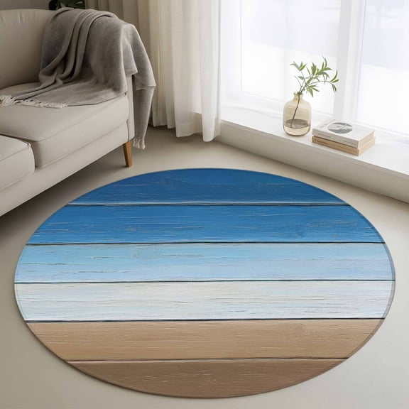 Round Rug 3ft Area Rug,Farm Brown Blue Gradient Wood Board Area Rugs for Living Room Bedroom,Vintage Wooden Floor Mat Non-Slip Non-Shedding Carpet Indoor Accent Rugs