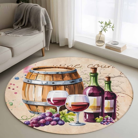 Round Rug 3ft Area Rug,Farm Grape Wine Barrel Area Rugs for Living Room Bedroom,Country Farmhouse Floor Mat Non-Slip Non-Shedding Carpet Indoor Accent Rugs