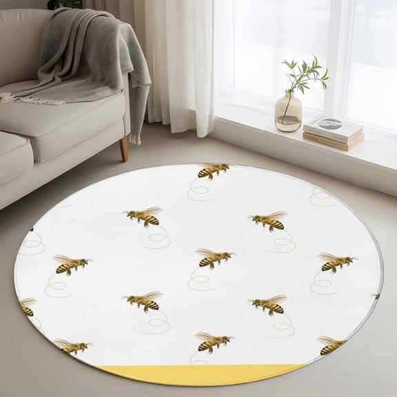 Round Rug 3ft Area Rug,Farm Honey Bee Swirling Yellow Area Rugs for Living Room Bedroom,Rustic Seamless Insects Floor Mat Non-Slip Non-Shedding Carpet Indoor Accent Rugs