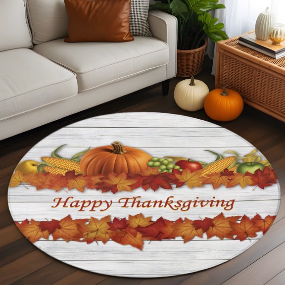 Round Rug 3ft Area Rug, Farm Pumpkin Maple Leaf Corn Area Rugs for Living Room Bedroom, Fall Thanksgiving White Wood Floor Mat Non-Slip Non-Shedding Carpet Indoor Accent Rugs