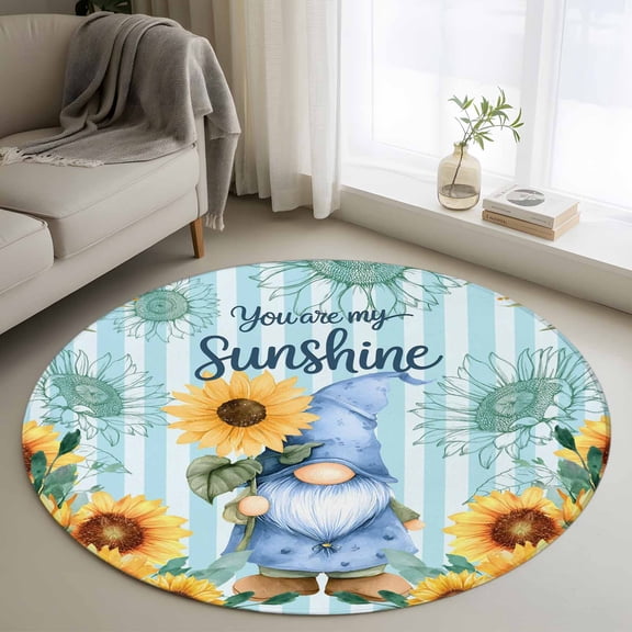 Round Rug 3ft Area Rug,Farm Sunflower Dwarf on Stripe Area Rugs for Living Room Bedroom,My Sunshine Quote Floor Mat Non-Slip Non-Shedding Carpet Indoor Accent Rugs