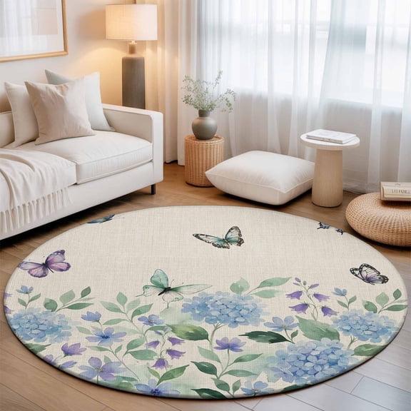 Round Rug 3ft Area Rug, Farmhouse Hydrangeas Butterfly Leaf Area Rugs for Living Room Bedroom, Summer Plant Vintage Linen Floor Mat Non-Slip Non-Shedding Carpet Indoor Accent Rugs