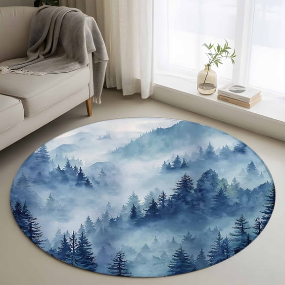Round Rug 3ft Area Rug, Forest Tree Mountain Area Rugs for Living Room Bedroom, Watercolor Blue Natural Scenery Floor Mat Non-Shedding Non-Slip Carpet Indoor Accent Rugs