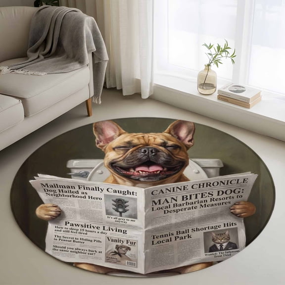Round Rug 3ft Area Rug, Funny Bulldog Reading Newspaper Area Rugs for Living Room Bedroom, Abstract Dog on Toilet Floor Mat Non-Shedding Non-Slip Carpet Indoor Accent Rugs