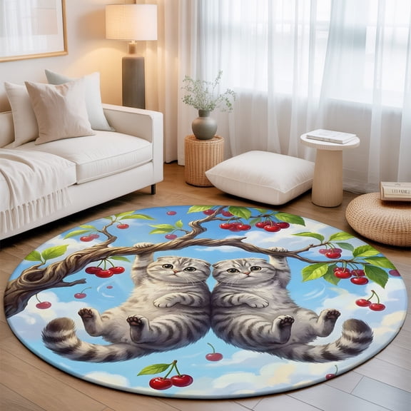 Round Rug 3ft Area Rug, Funny Cat Cherry Tree Branch Area Rugs for Living Room Bedroom, Cute Animal Blue Sky Floor Mat Non-Slip Non-Shedding Carpet Indoor Accent Rugs