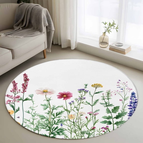 Round Rug 3ft Area Rug, Garden Watercolor Flower Leaves Area Rugs for Living Room Bedroom, Spring Colorful Floral Art Floor Mat Non-Slip Non-Shedding Carpet Indoor Accent Rugs