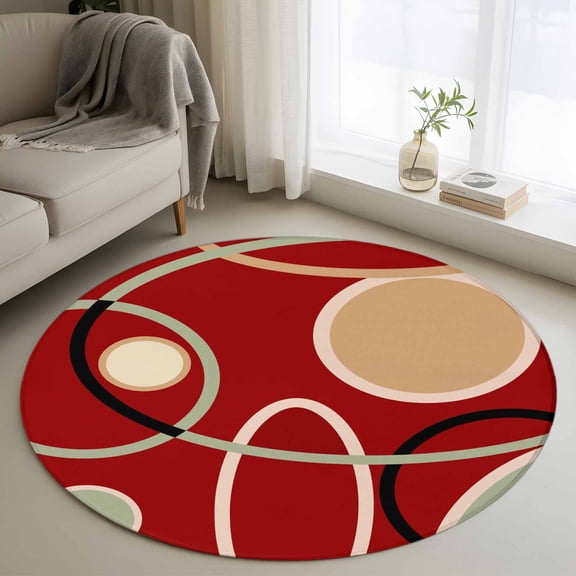Round Rug 3ft Area Rug,Geometric Stripe Circle Area Rugs for Living Room Bedroom,Red Abstract Art Floor Mat Non-Slip Non-Shedding Carpet Indoor Accent Rugs