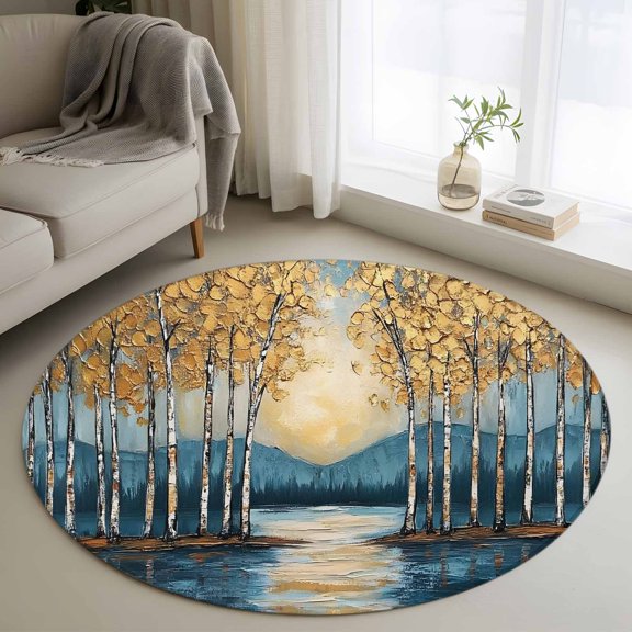 Round Rug 3ft Area Rug, Golden Forest Lake Mountain Area Rugs for Living Room Bedroom, Watercolor Oil Painting Style Floor Mat Non-Slip Non-Shedding Carpet Indoor Accent Rugs