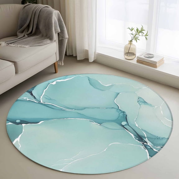 Round Rug 3ft Area Rug, Gradient Marble Agate Stone Area Rugs for Living Room Bedroom, Aqua White Ombre Lines Floor Mat Non-Shedding Non-Slip Carpet Indoor Accent Rugs