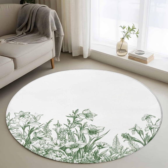 Round Rug 3ft Area Rug, Green Flowers Iris Lavender Leaves Area Rugs for Living Room Bedroom, Spring Botanical Floor Mat Non-Slip Non-Shedding Carpet Indoor Accent Rugs