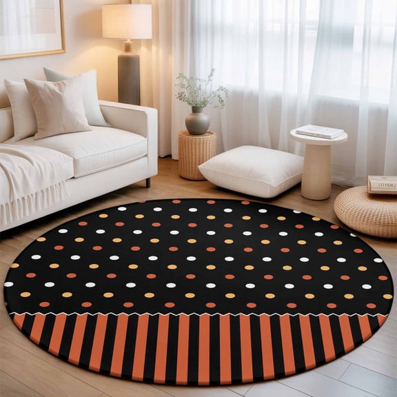 Round Rug 3ft Area Rug, Halloween Polka Dots Orange Stripes Area Rugs for Living Room Bedroom, Seamless Dot on Black Floor Mat Non-Slip Non-Shedding Carpet Indoor Accent Rugs