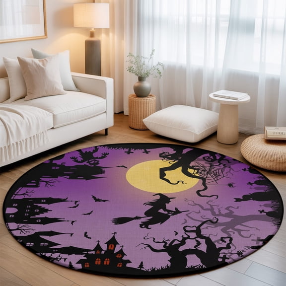 Round Rug 3ft Area Rug, Halloween Witch Purple Night Moon Area Rugs for Living Room Bedroom, Dead Trees Haunted House Floor Mat Non-Slip Non-Shedding Carpet Indoor Accent Rugs