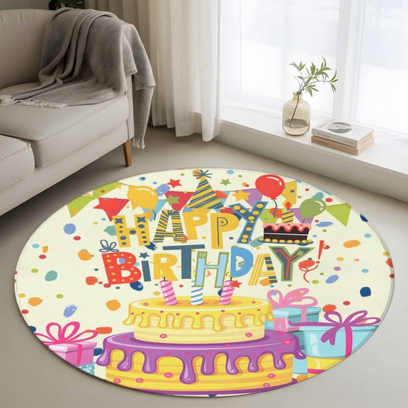 Round Rug 3ft Area Rug,Happy Birthday Text Area Rugs for Living Room Bedroom,Cartoon Cake Ribbon Dots Floor Mat Non-Slip Non-Shedding Carpet Indoor Accent Rugs