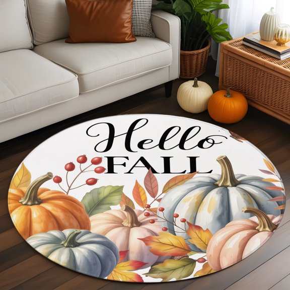 Round Rug 3ft Area Rug, Hello Fall Words Area Rugs for Living Room Bedroom, Thanksgiving Pumpkin Butterfly Floor Mat Non-Slip Non-Shedding Carpet Indoor Accent Rugs