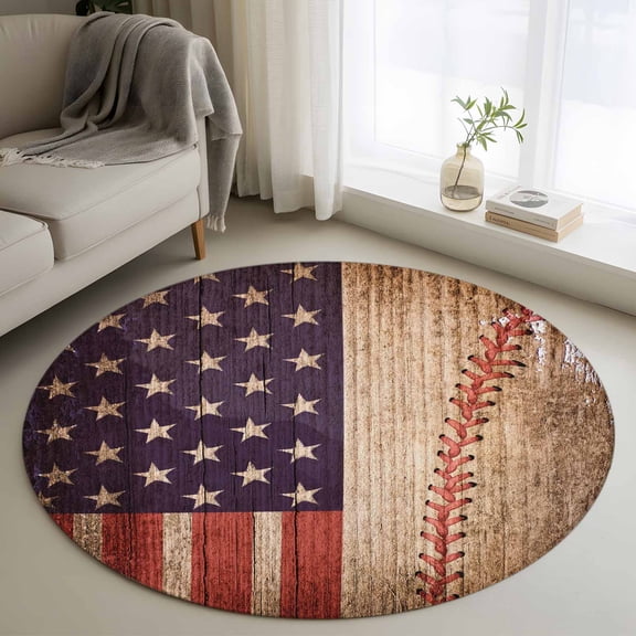 Round Rug 3ft Area Rug, Independence Day American Flag Area Rugs for Living Room Bedroom, Baseball Sport Retro Wood Grain Floor Mat Non-Slip Non-Shedding Carpet Indoor Accent Rugs