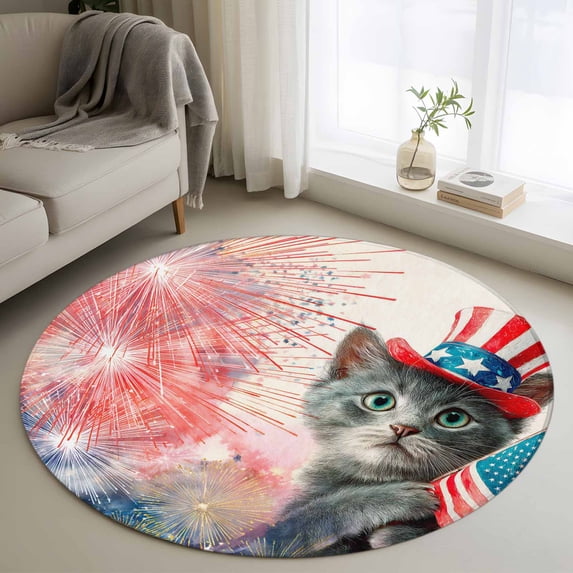 Round Rug 3ft Area Rug, Independence Day Cute Kitty Area Rugs for Living Room Bedroom, USA Flag Fireworks Floor Mat Non-Slip Non-Shedding Carpet Indoor Accent Rugs