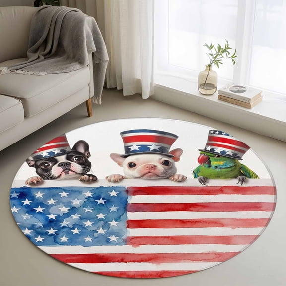 Round Rug 3ft Area Rug, Independence Day USA Flag Area Rugs for Living Room Bedroom, Patriotic Bulldog Parrot Floor Mat Non-Shedding Non-Slip Carpet Indoor Accent Rugs