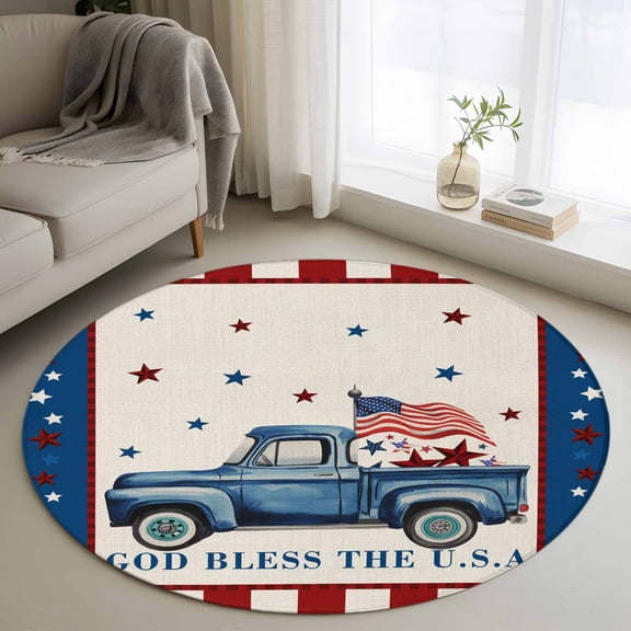 Round Rug 3ft Area Rug,Independence Day USA Flag Blue Truck Area Rugs for Living Room Bedroom,Stars and Stripes Floor Mat Non-Slip Non-Shedding Carpet Indoor Accent Rugs