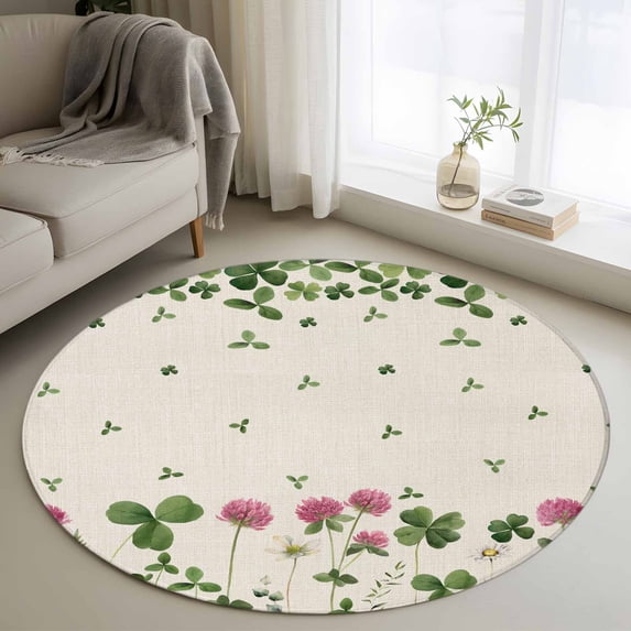 Round Rug 3ft Area Rug, Irish Shamrock Floral St. Patrick's Day Area Rugs for Living Room Bedroom, Spring Flower Clovers Floor Mat Non-Slip Non-Shedding Carpet Indoor Accent Rugs