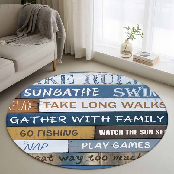 Round Rug 3ft Area Rug, Lake Rules Farm Blue Wood Board Area Rugs for Living Room Bedroom, Quote Wooden Grain Floor Mat Non-Shedding Non-Slip Carpet Indoor Accent Rugs