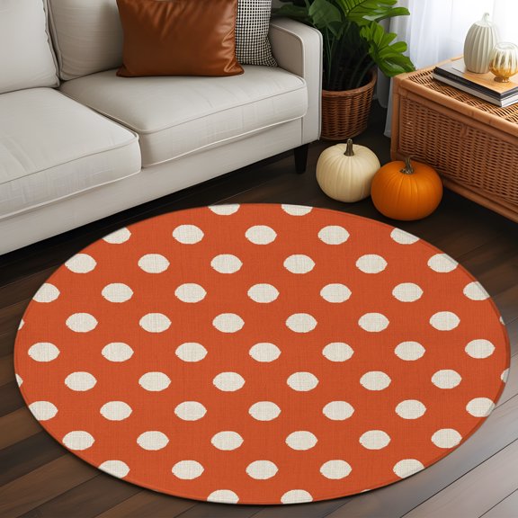 Round Rug 3ft Area Rug, Lovely Polka Dots on Orange Area Rugs for Living Room Bedroom, Wave Point Vintage Linen Floor Mat Non-Slip Non-Shedding Carpet Indoor Accent Rugs