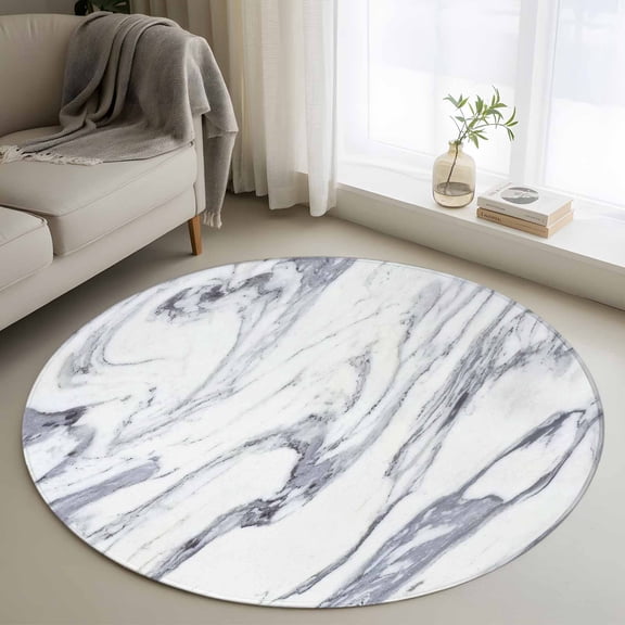 Round Rug 3ft Area Rug,Marble Stone Texture Area Rugs for Living Room Bedroom,Grey and White Floor Mat Non-Slip Non-Shedding Carpet Indoor Accent Rugs