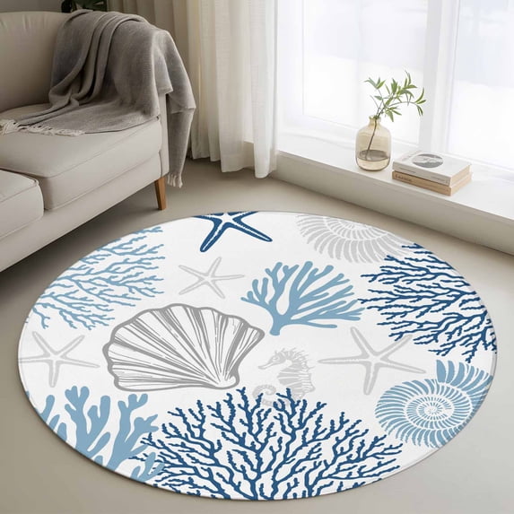 Round Rug 3ft Area Rug,Marine Life Ocean Starfish Shell Area Rugs for Living Room Bedroom,Watercolor Coral on White Floor Mat Non-Slip Non-Shedding Carpet Indoor Accent Rugs