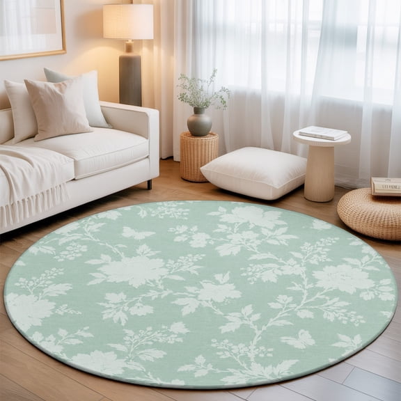 Round Rug 3ft Area Rug, Mint Green Rose Pastoral Leaf Area Rugs for Living Room Bedroom, Vintage Country Floral Floor Mat Non-Slip Non-Shedding Carpet Indoor Accent Rugs