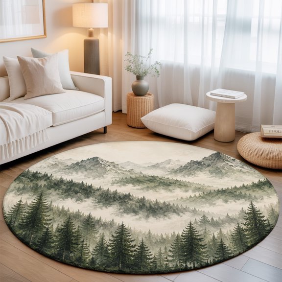 Round Rug 3ft Area Rug, Misty Forest Mountain Peaks Area Rugs for Living Room Bedroom, Retro Natural Landscape Floor Mat Non-Slip Non-Shedding Carpet Indoor Accent Rugs