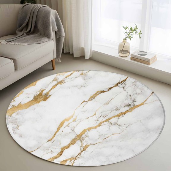 Round Rug 3ft Area Rug, Modern Abstract Marble Texture Area Rugs for Living Room Bedroom, White Gray Stone Gold Stripes Floor Mat Non-Slip Non-Shedding Carpet Indoor Accent Rugs