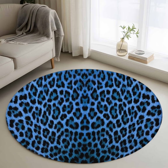 Round Rug 3ft Area Rug,Modern Animal Skin Texture Area Rugs for Living Room Bedroom,Blue Leopard Pattern Floor Mat Non-Slip Non-Shedding Carpet Indoor Accent Rugs