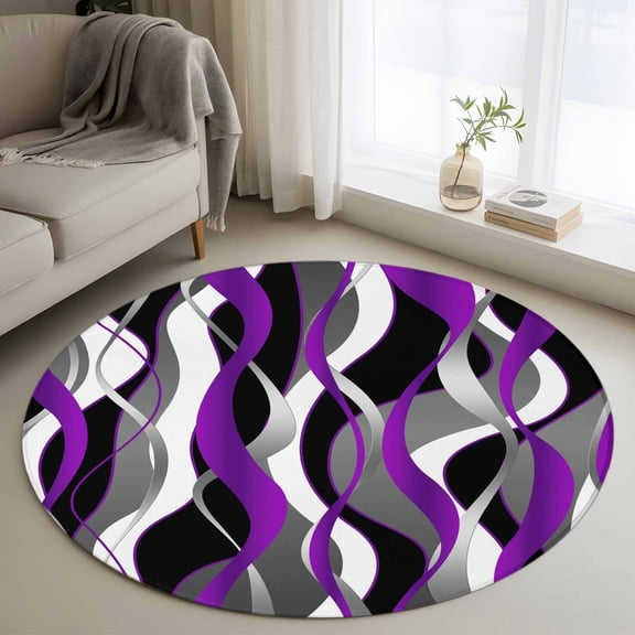 Round Rug 3ft Area Rug,Modern Purple Grey Black Stripes Area Rugs for Living Room Bedroom,Gradient Abstract Art Floor Mat Non-Slip Non-Shedding Carpet Indoor Accent Rugs