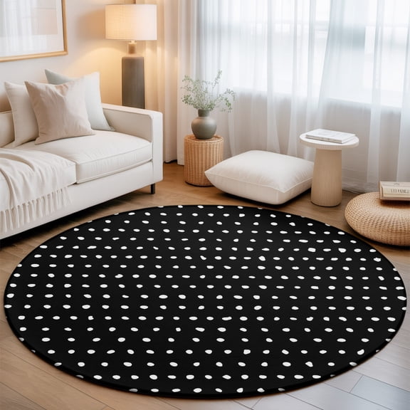 Round Rug 3ft Area Rug, Modern White Polka Dot on Black Area Rugs for Living Room Bedroom, Abstract Geometric Style Floor Mat Non-Slip Non-Shedding Carpet Indoor Accent Rugs
