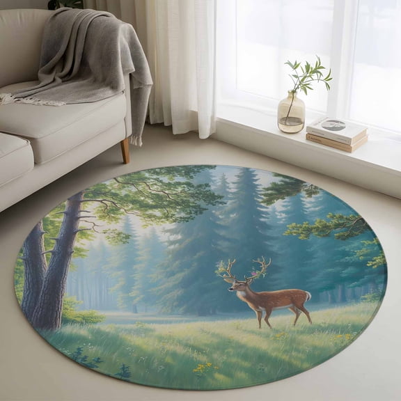 Round Rug 3ft Area Rug,Natural Forest Trees Wild Elk Area Rugs for Living Room Bedroom,Nature Scenery Floor Mat Non-Slip Non-Shedding Carpet Indoor Accent Rugs