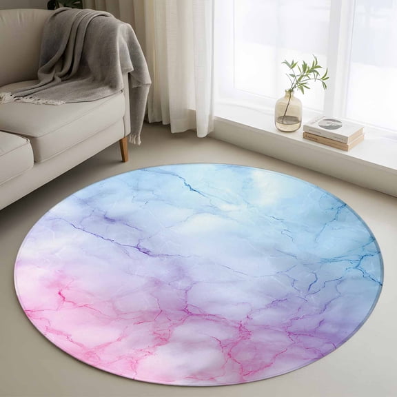Round Rug 3ft Area Rug,Natural Marble Agate Stone Texture Area Rugs for Living Room Bedroom,Pink Blue Gradient Floor Mat Non-Slip Non-Shedding Carpet Indoor Accent Rugs
