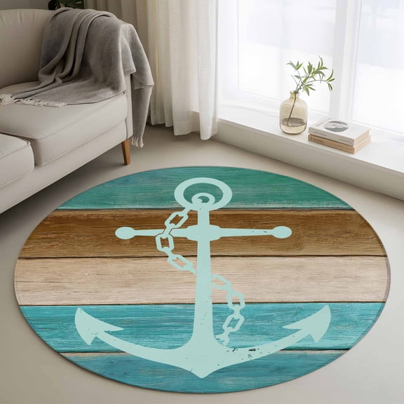 Round Rug 3ft Area Rug,Nautical Anchor Retro Wooden Area Rugs for Living Room Bedroom,Farmhouse Teal Wood Board Floor Mat Non-Slip Non-Shedding Carpet Indoor Accent Rugs