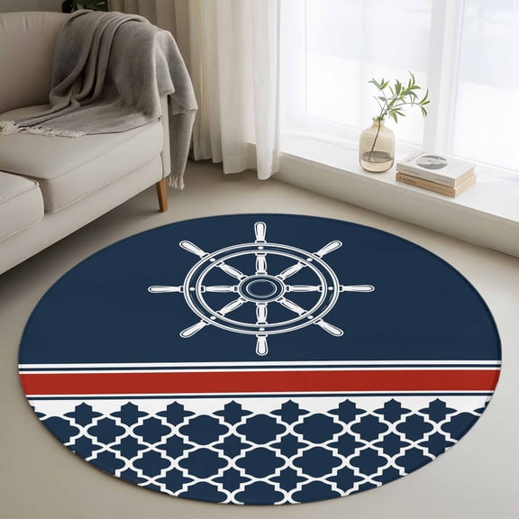 Round Rug 3ft Area Rug,Nautical Compass Retro Geometric Area Rugs for Living Room Bedroom,Red and White Stripes Floor Mat Non-Slip Non-Shedding Carpet Indoor Accent Rugs