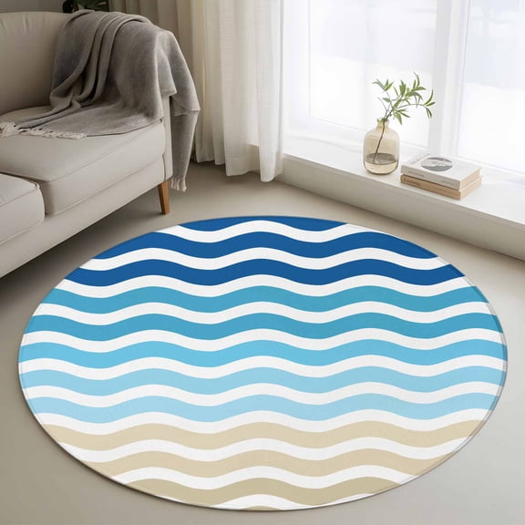 Round Rug 3ft Area Rug, Navy Blue Gradient Water Ripple Area Rugs for Living Room Bedroom, Summer Coastal Ocean Theme Floor Mat Non-Slip Non-Shedding Carpet Indoor Accent Rugs