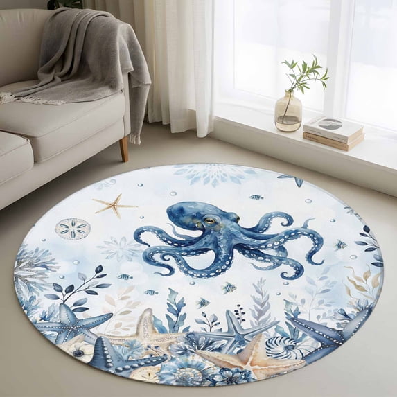 Round Rug 3ft Area Rug, Ocean Blue Octopus Starfish Coral Area Rugs for Living Room Bedroom, Underwater Seashell Flower Floor Mat Non-Slip Non-Shedding Carpet Indoor Accent Rugs