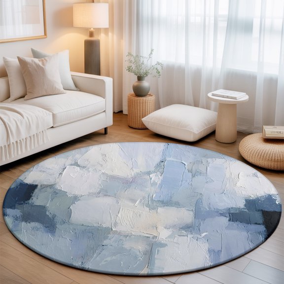 Round Rug 3ft Area Rug, Oil Painting Texture Pattern Area Rugs for Living Room Bedroom, Abstract Blue White Tones Floor Mat Non-Slip Non-Shedding Carpet Indoor Accent Rugs