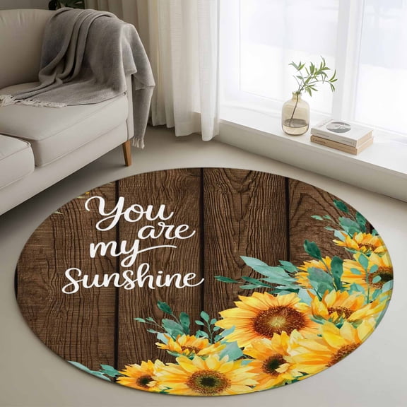 Round Rug 3ft Area Rug,Pastoral Sunflower Brown Plank Area Rugs for Living Room Bedroom,You Are My Sunshine Quote Floor Mat Non-Slip Non-Shedding Carpet Indoor Accent Rugs